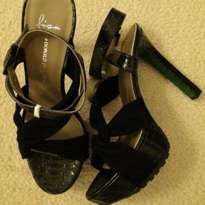 Lisa for Donald Pliner Deryk Black Suede Platform Sandal Heels 8.5M MSRP $285